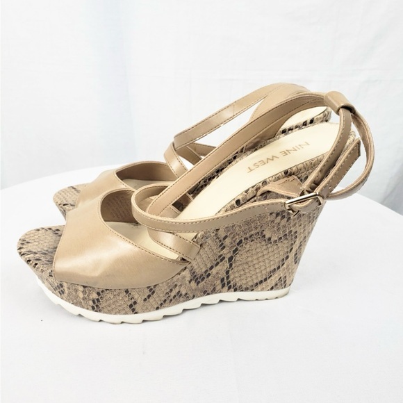 Nine West Shoes - Nine West Tan Leather Snakeskin Wedge Sandals Size 7.5
